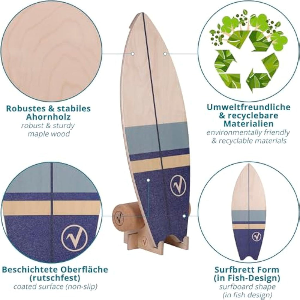 Valuents Wooden Surfboard Balance Board with Cork Roller and Stand