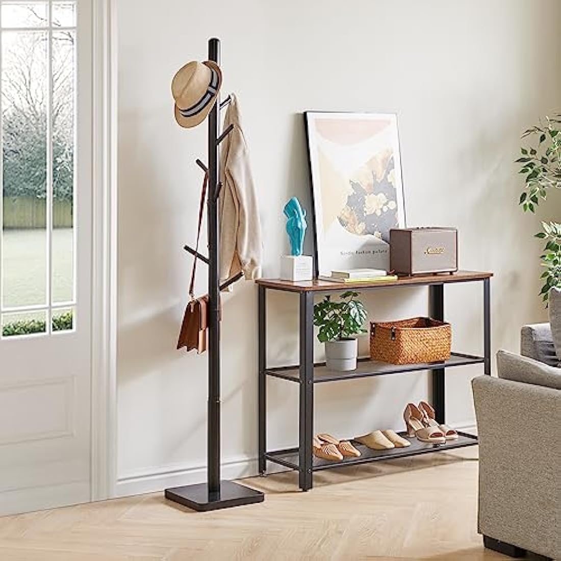 YMYNY Wooden Coat Rack Stand | 8 Hooks Height Adjustable Hall Tree - Black