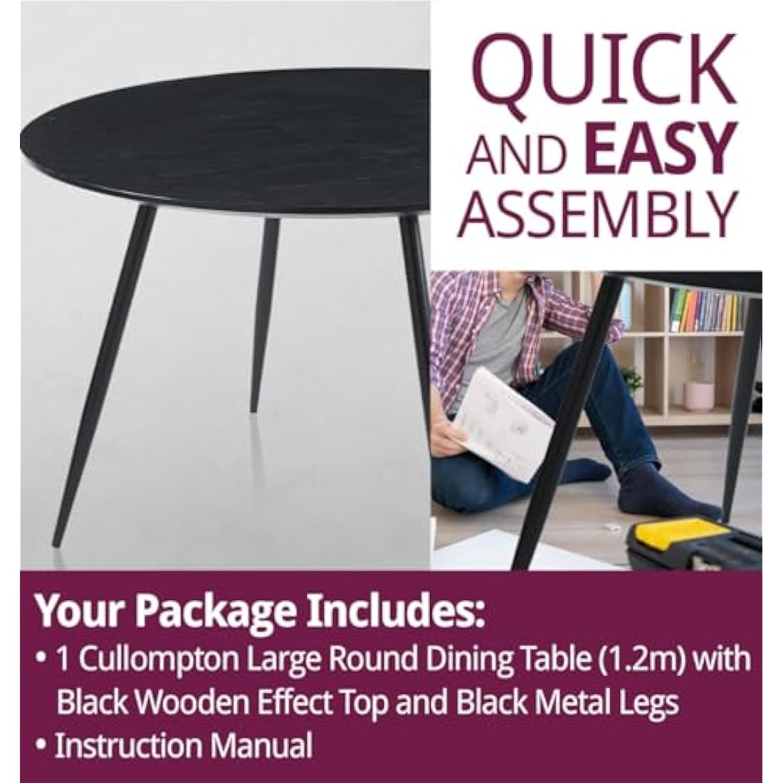 Hallowood Cullompton Round Black Dining Table | 4-6 Seater Wood Effect