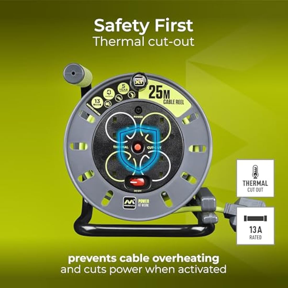 Masterplug Pro-XT 25m Cable Reel Extension Lead – 4 Sockets & Switch
