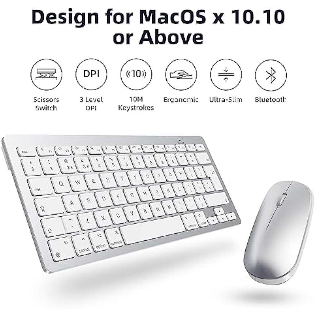 OMOTON Wireless Bluetooth Keyboard and Mouse Set for Mac – Silver UK Layout