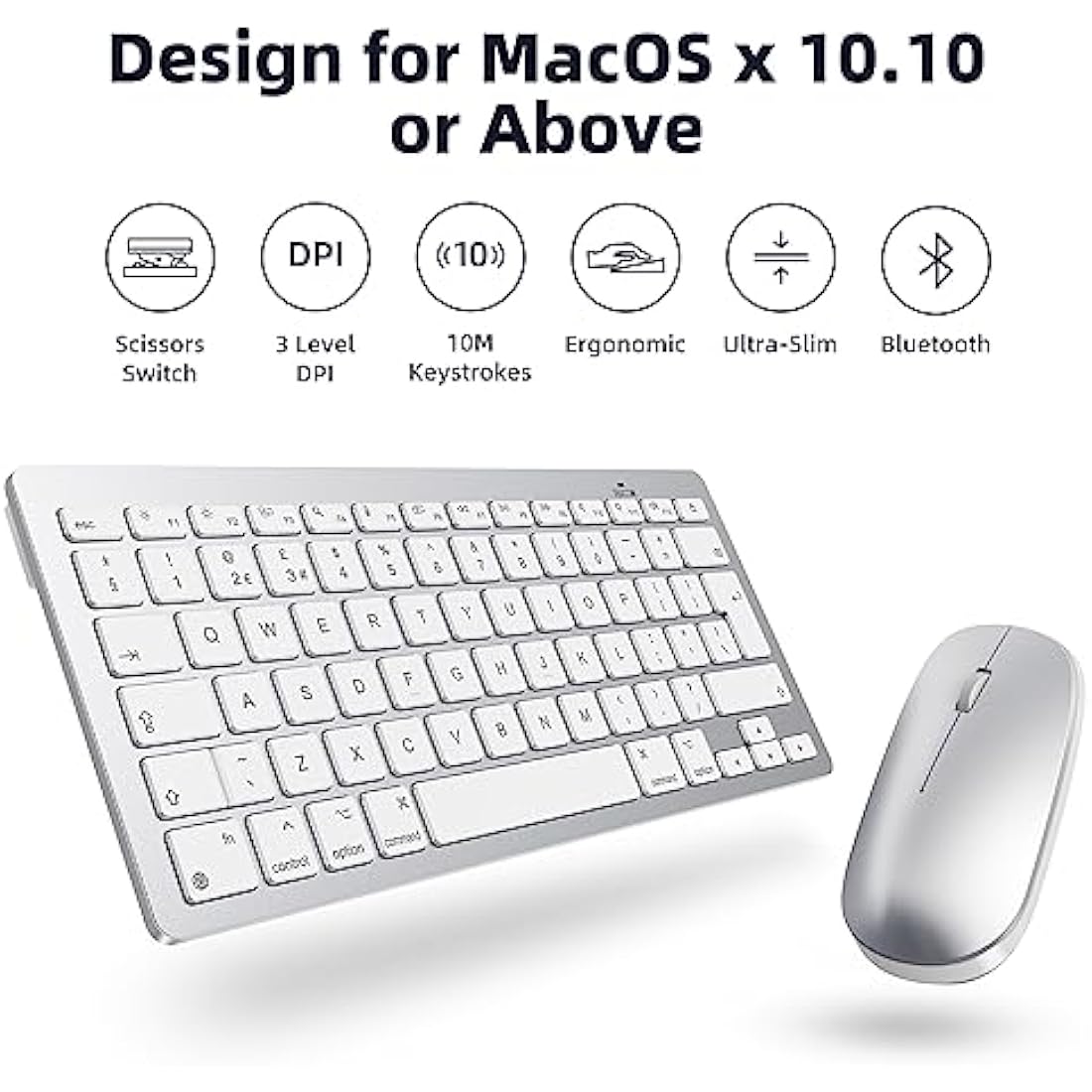 OMOTON Wireless Bluetooth Keyboard and Mouse Set for Mac – Silver UK Layout
