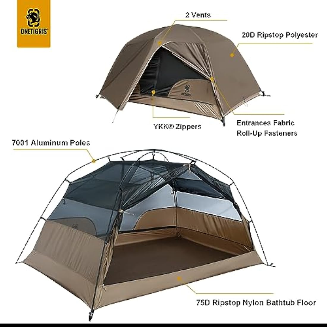 OneTigris COSMITTO 2 Person Backpacking Tent | Waterproof 3-Season Tent