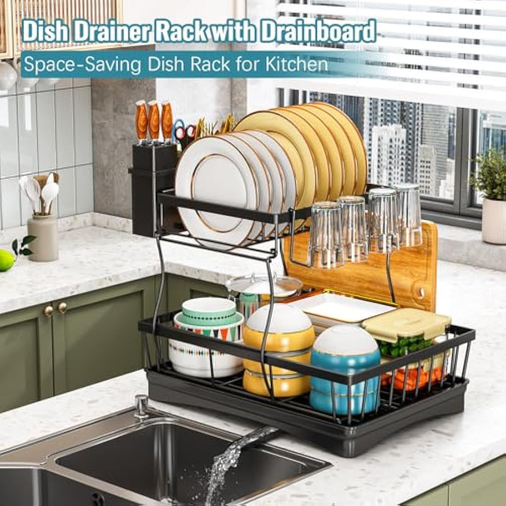 StowBin 2-Tier Dish Drying Rack with Drainboard - Black Metal Drainer