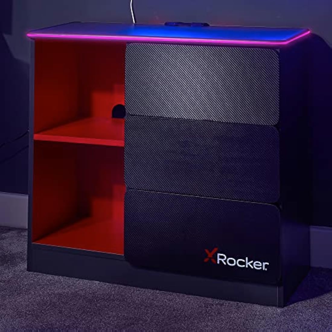 X-Rocker 3 Drawer Chest with RGB LED Lighting – Grey/Red Gaming Dresser