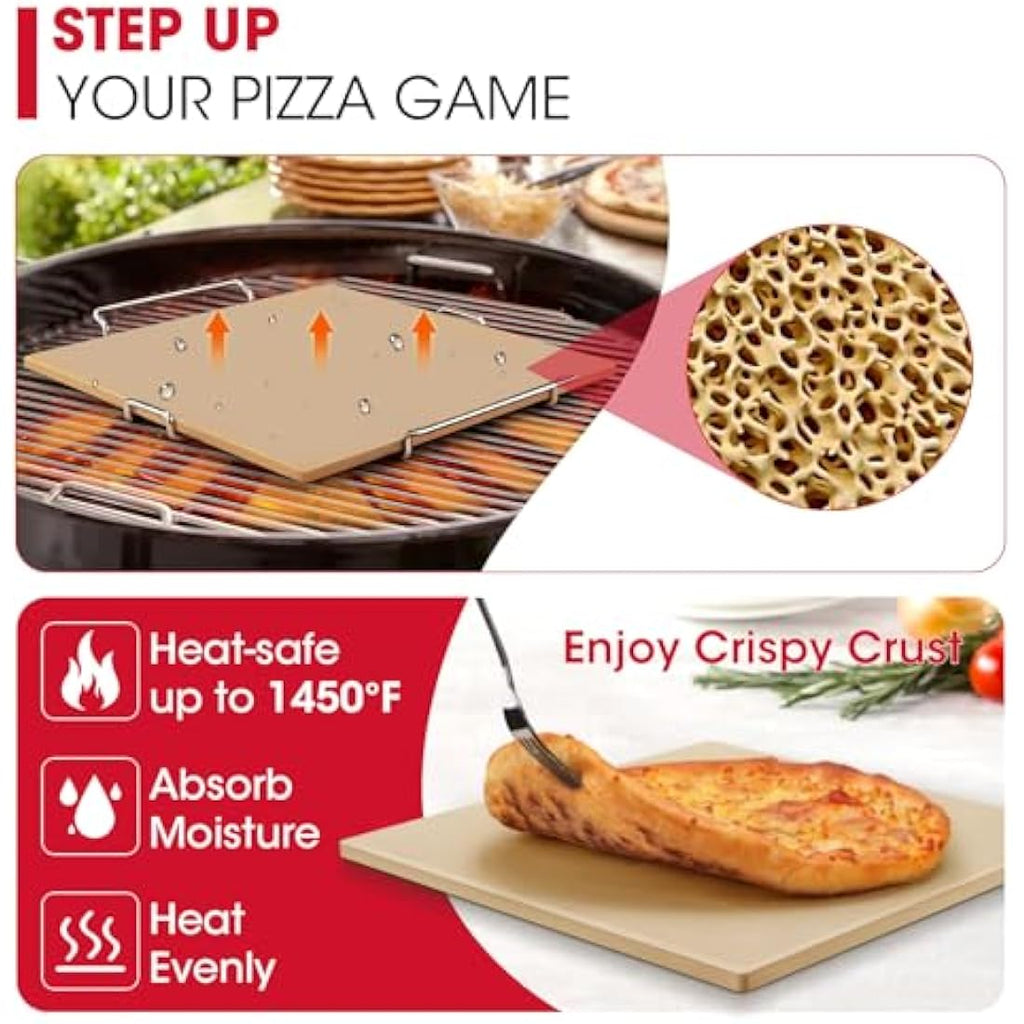 Unicook 30.5cm Square Cordierite Pizza Stone for Oven and Grill with Rack