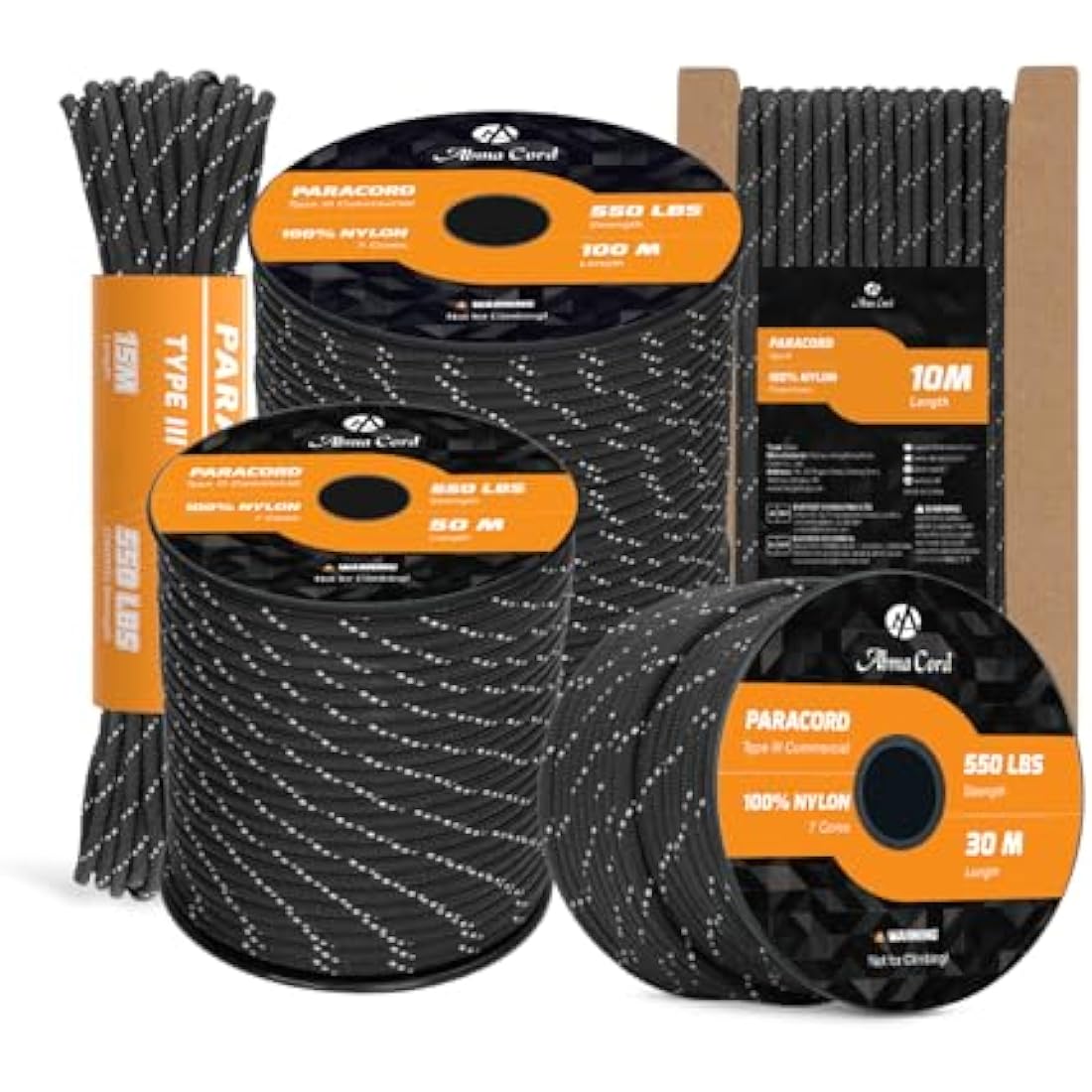 Abma Cord 550 Paracord – 100% Nylon 7-Strand Rope, Reflective Black