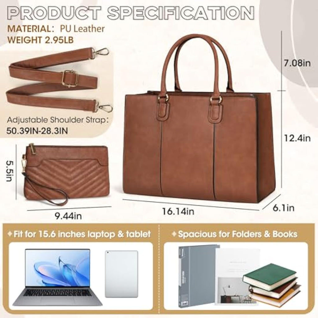 NEWHEY 15.6 Inch Laptop Bag for Women | PU Leather Work Tote with Clutch