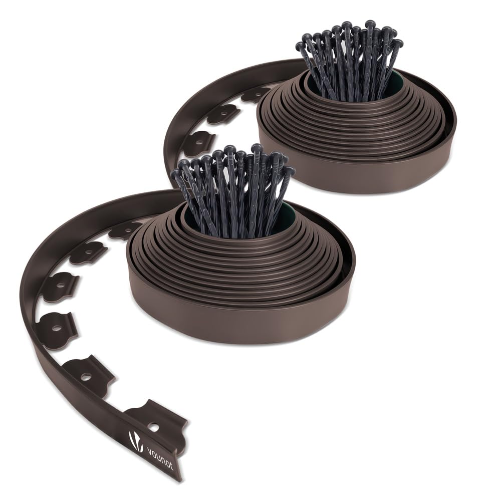 VOUNOT 20m Flexible Plastic Lawn Edging – Brown Garden Border with 60 Pegs