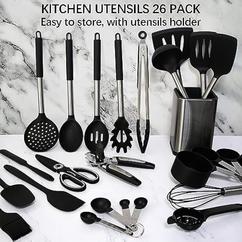 26-Piece Silicone Kitchen Utensils Set with Holder | Black