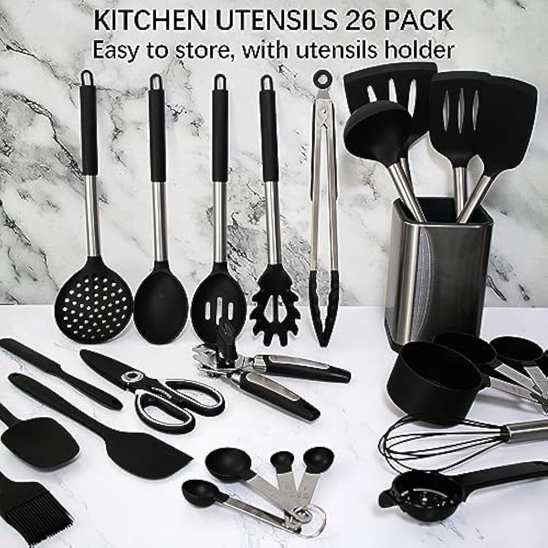 26-Piece Silicone Kitchen Utensils Set with Holder | Black