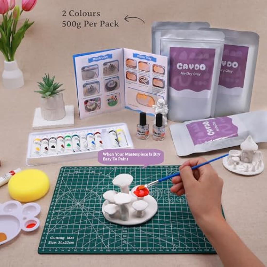 Caydo 2KG Air Dry Clay Pottery Kit for Beginners - DIY Ceramic Set