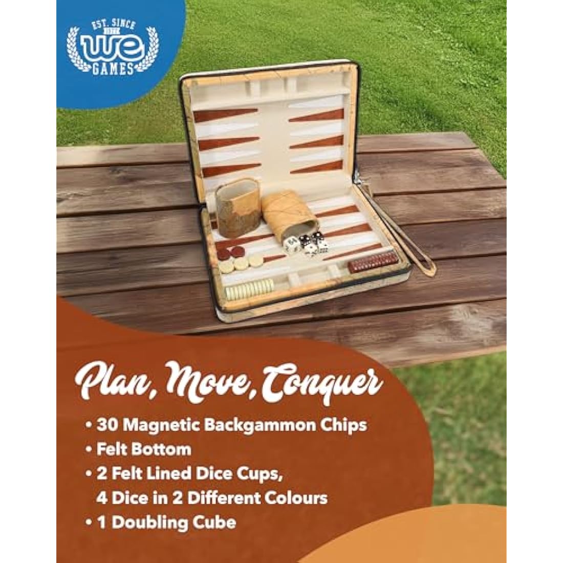 WE Games Magnetic Travel Backgammon Set | Tan Leatherette Case
