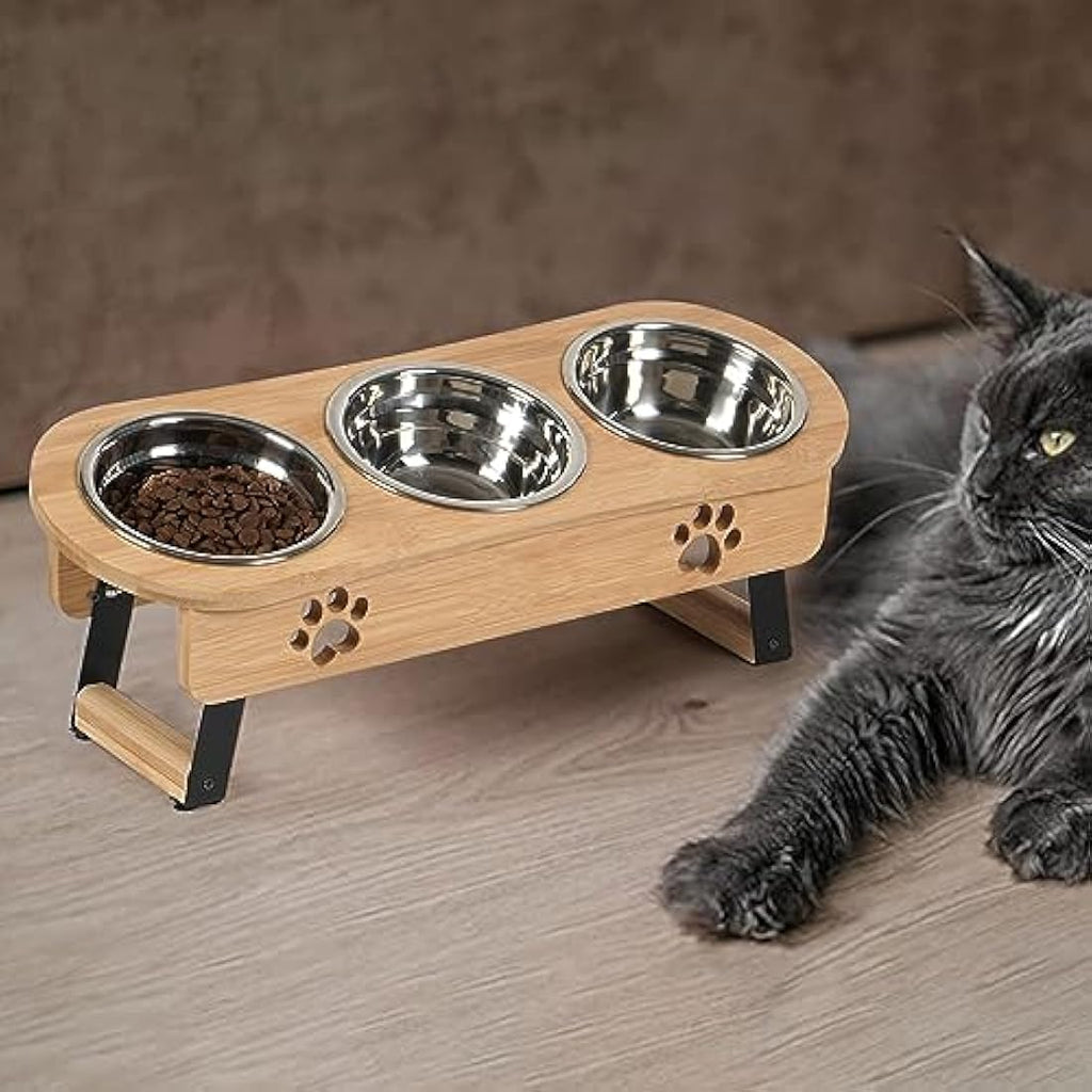 Raised Cat Feeding Station | 3 Stainless Steel Bamboo Bowls