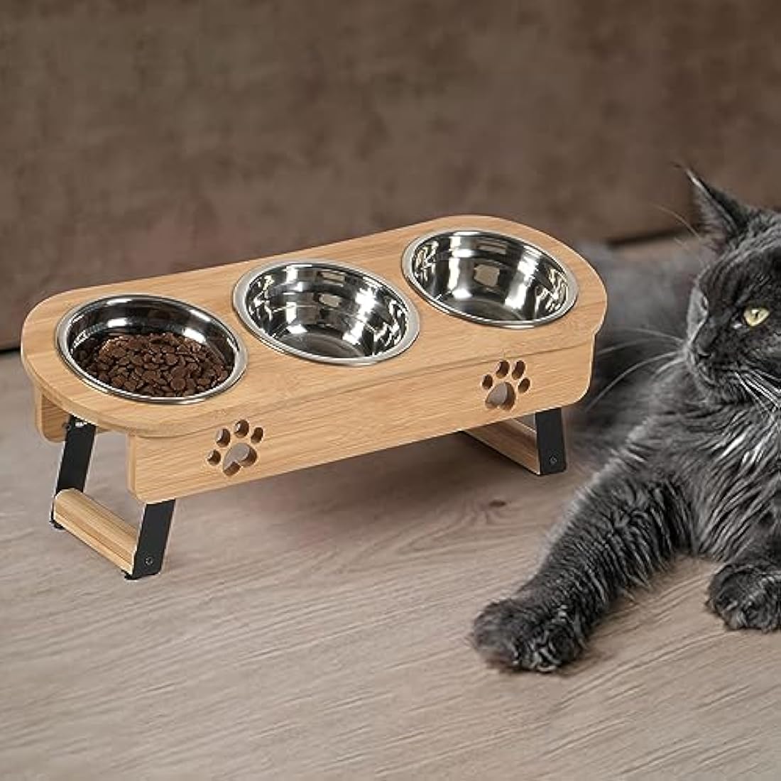 Raised Cat Feeding Station | 3 Stainless Steel Bamboo Bowls