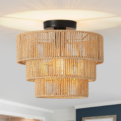 FORCOSO 3-Layer Rattan Ceiling Light – Boho Handwoven E27 Chandelier