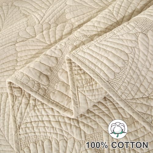 Qucover Cotton Quilted Bedspread Set | Super King Palm Leaf Embroidery