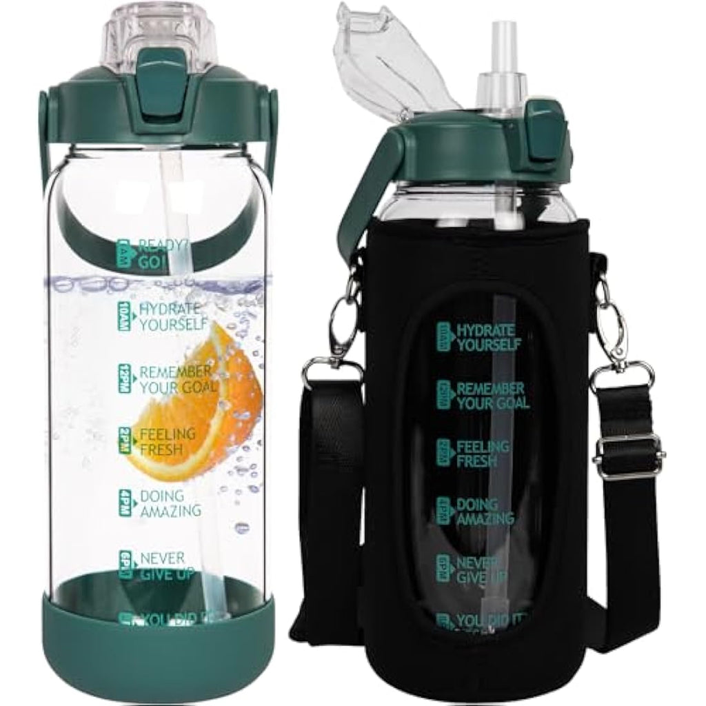 Seekua 2L Glass Water Bottle with Straw | Motivational Time Markings