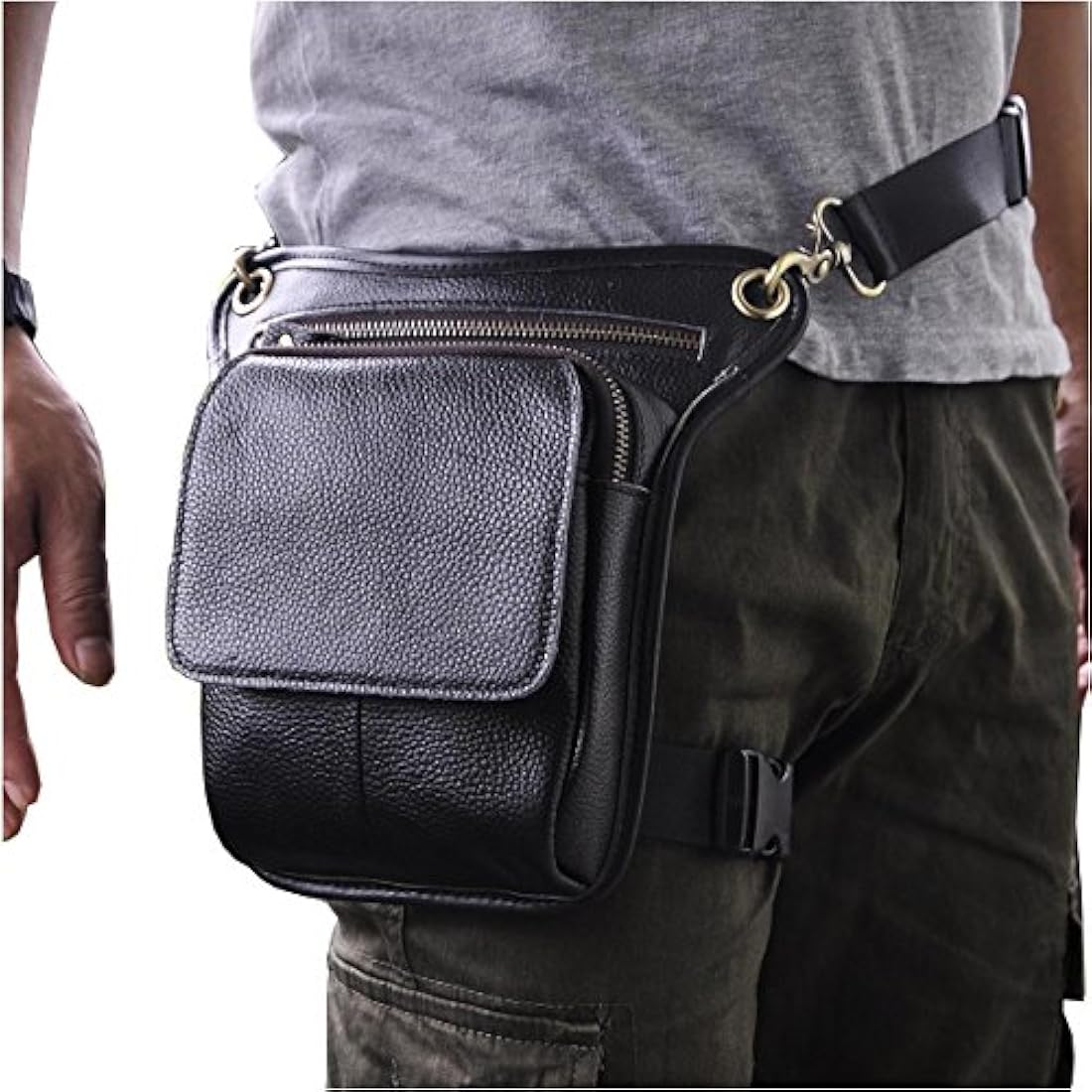 Mens Genuine Leather Motorcycle Drop Leg Bag Waist Pack
