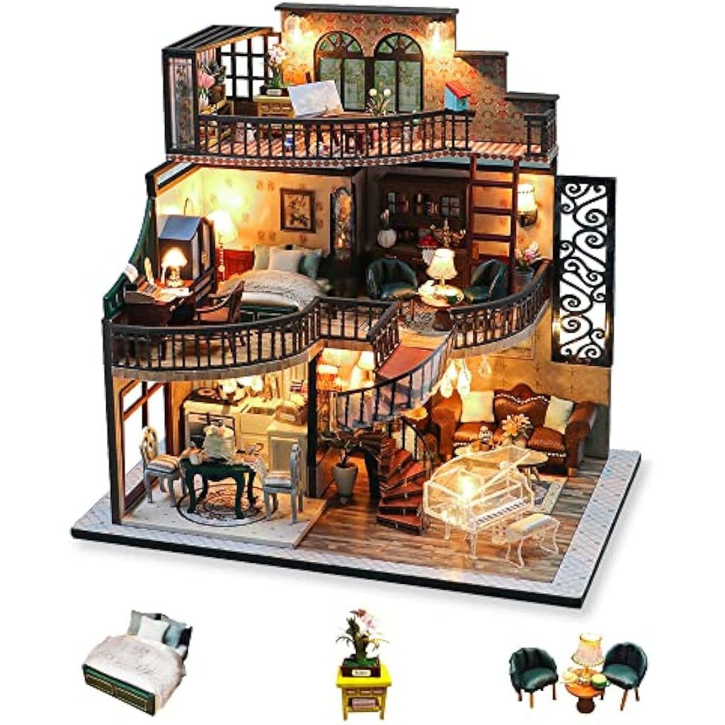 Cuteefun DIY Miniature Dollhouse Kit - Vintage Loft Model with LED Light