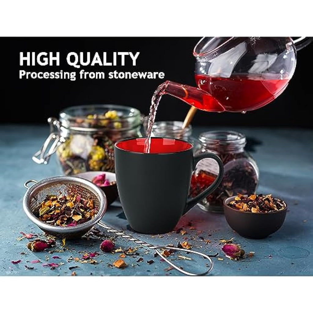 MIAMIO Stoneware Coffee Mug Set – 6 x 350ml Matte Black & Red Cups