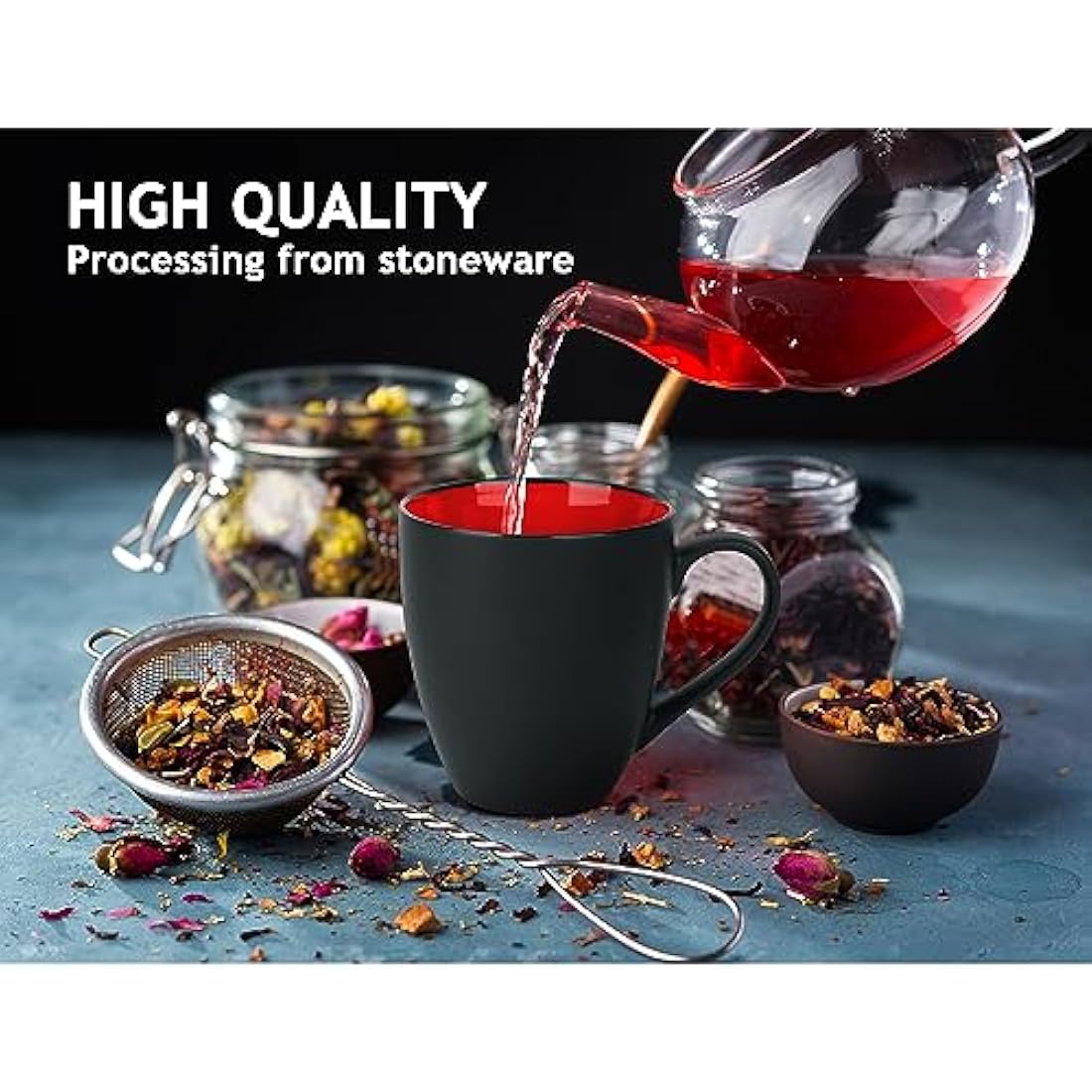 MIAMIO Stoneware Coffee Mug Set – 6 x 350ml Matte Black & Red Cups