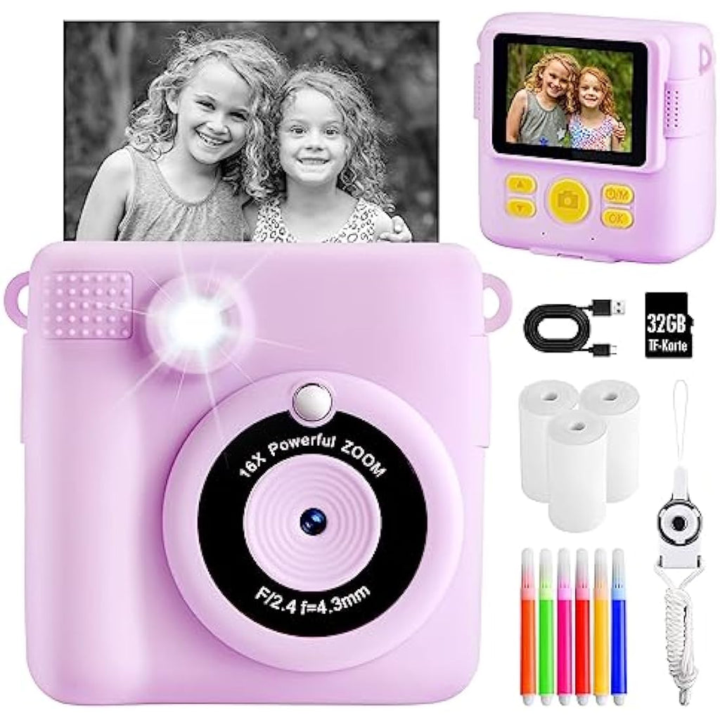 Kids Instant Print Camera | 1080P HD Digital Toy with 32GB SD Card
