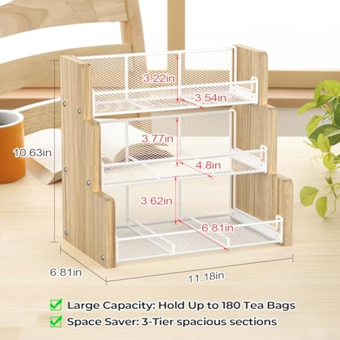 THYGIFTREE 3-Tier Wood Tea Bag Organizer | 180 Bag Kitchen Storage