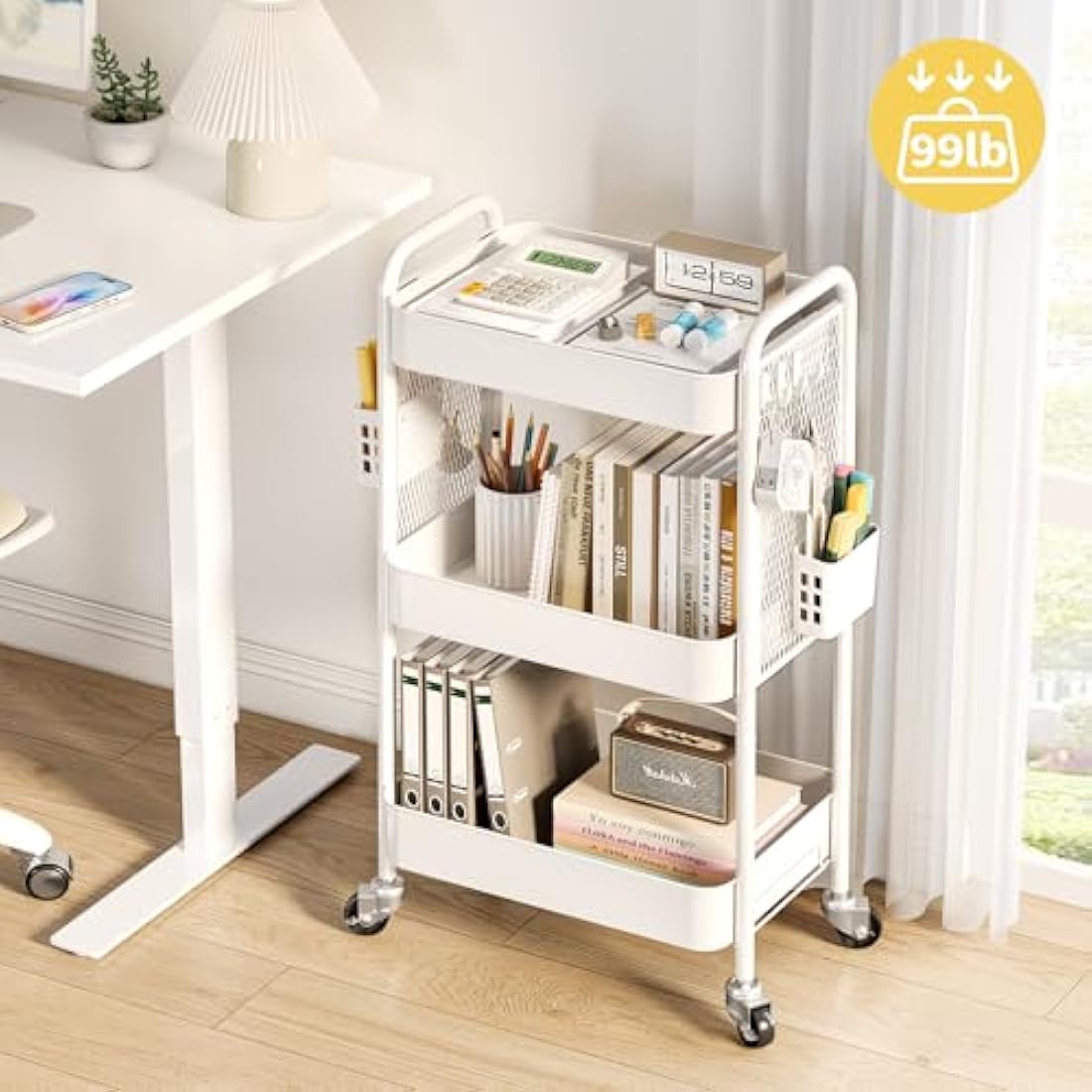 Urackify 3-Tier Rolling Utility Cart with Pegboard and Hooks - White
