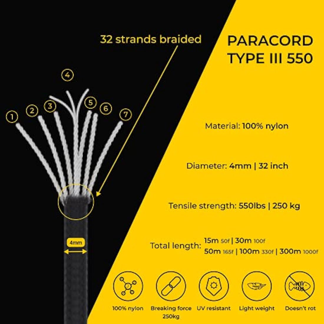 EDCX 550 Paracord – 4mm 7-Strand Nylon Rope for Camping and DIY