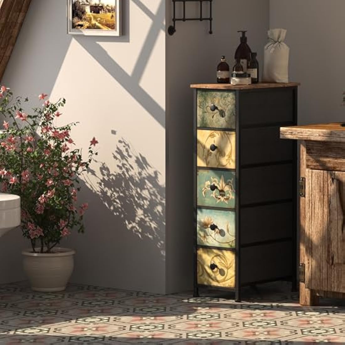 VEDECASA Slim 5-Drawer Storage Tower – Retro Fabric Chest of Drawers