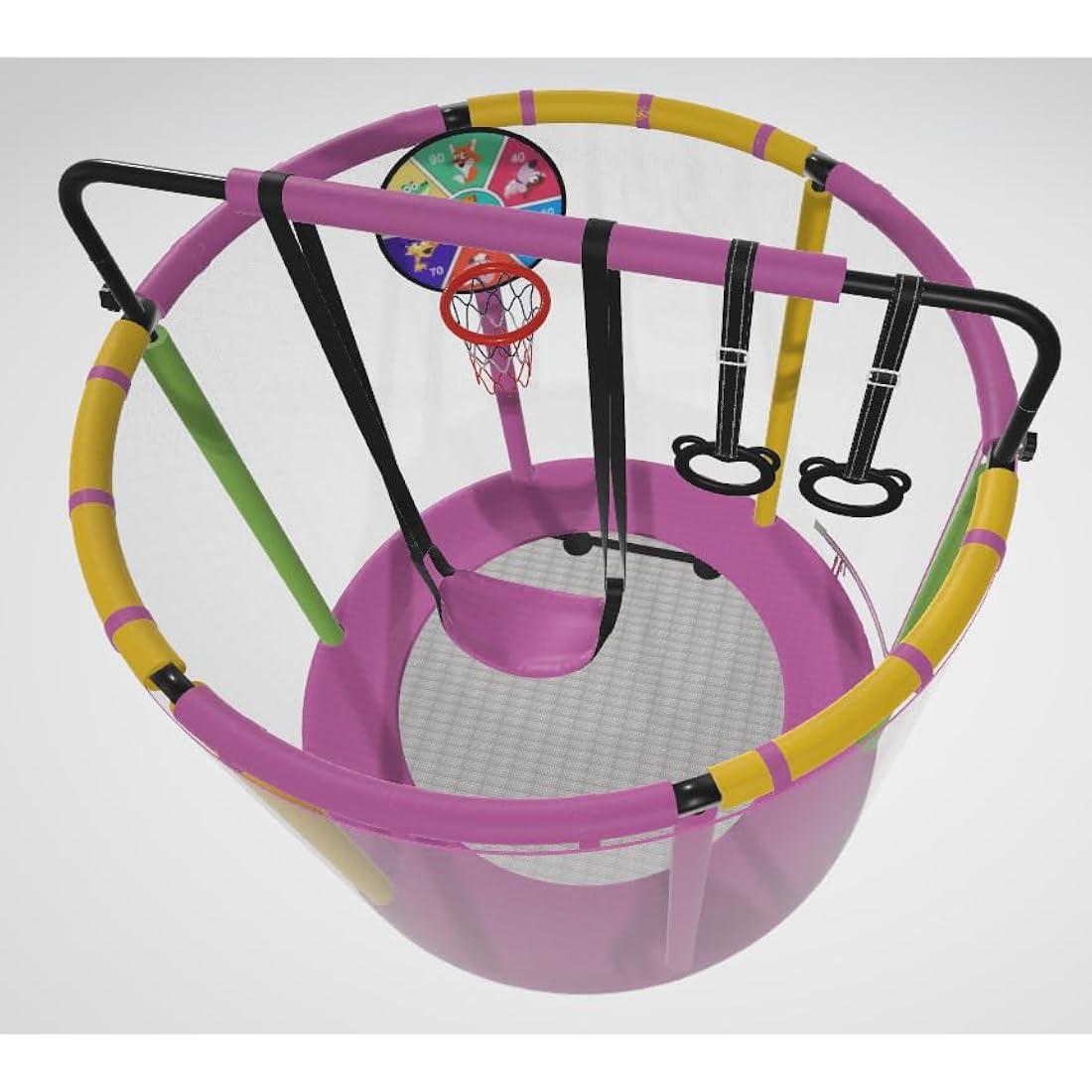 Kids Trampoline with Basketball Hoop, Swing & Pull Rings