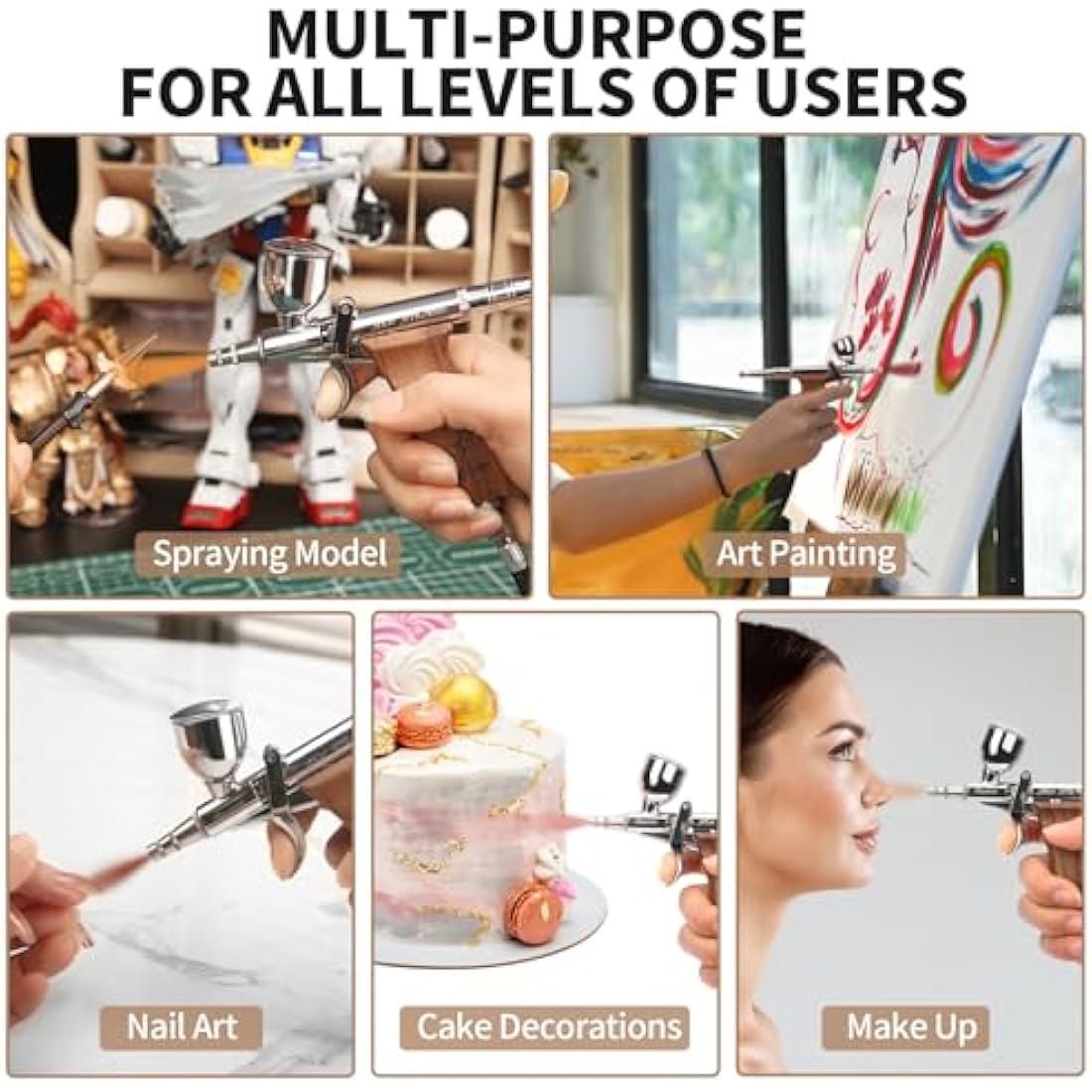 Bucasso Double Action Airbrush Kit with 3 Nozzles and Wooden Handle