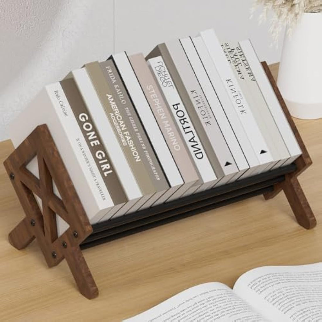 THYGIFTREE Oak Wood Desktop Bookcase – V-Shaped Tilting Storage Rack, Brown
