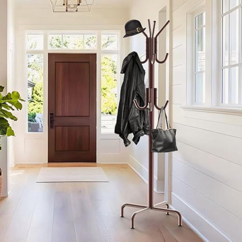 Jolof Store Standing Coat and Hat Rack – 12 Hook Metal Organizer, Bronze