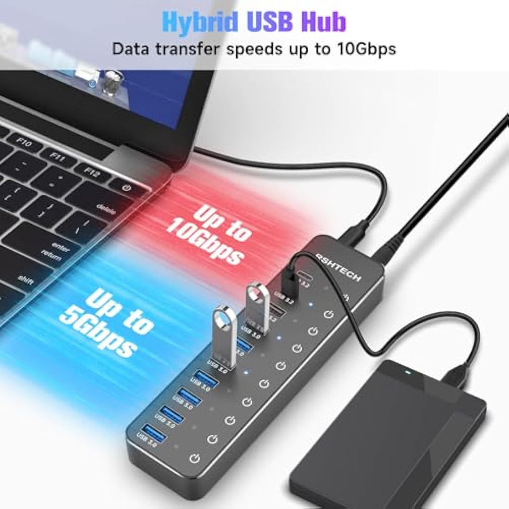 RSHTECH 10-Port Powered USB-C Hub – 10Gbps USB 3.2 Data Splitter with 60W Adapter