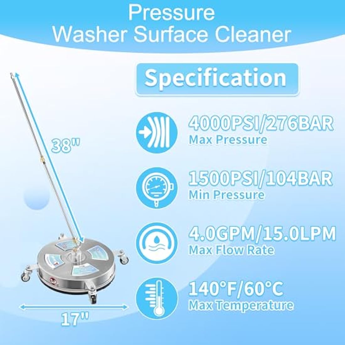 Tool Daily 17" Stainless Steel Surface Cleaner for Pressure Washer, 4000 PSI