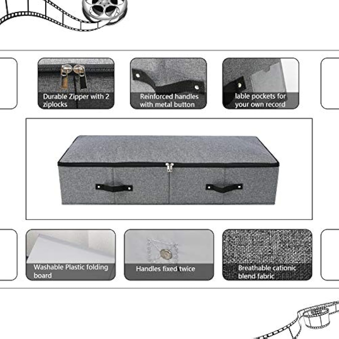 Foldable Under Bed Storage Box with Zipper Lid - Black Grey
