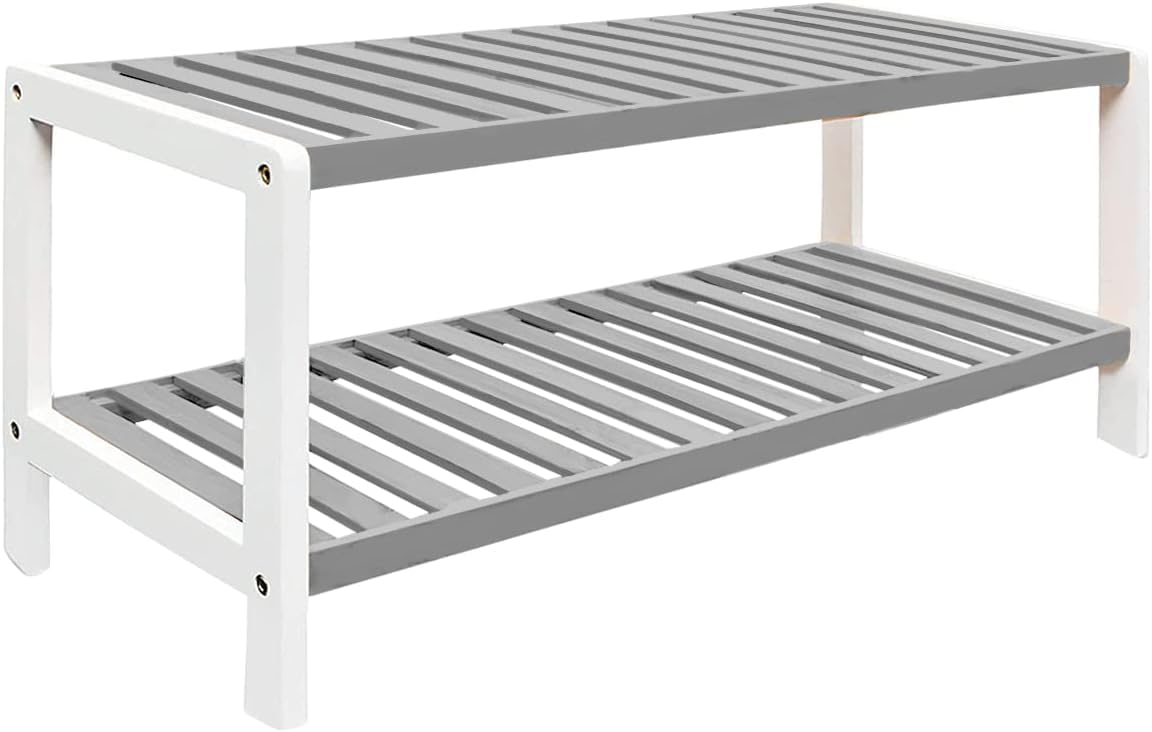 1ABOVE Bamboo Shoe Rack, Plant Rack, Perfect for Corridor, Living Room, Bathroom, Bedroom, Hallway or Small spaces-Parent. Grey & White, 2 Tier - image 1