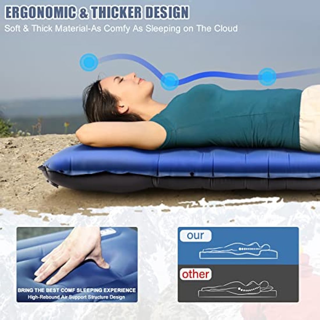 BQA Inflatable Sleeping Pad – 10cm Thick Ultralight Camping Air Mattress