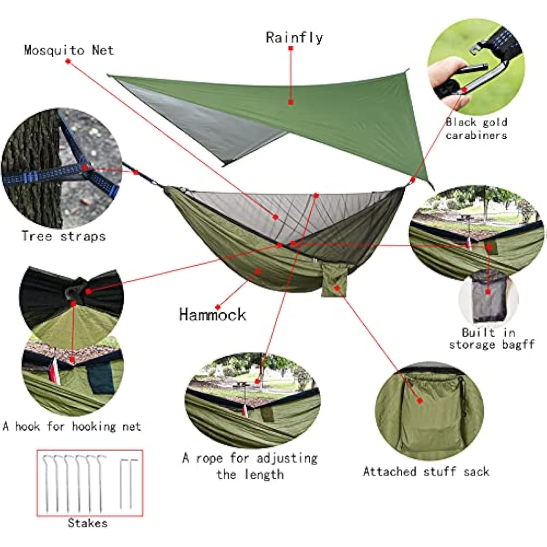 Camping Hammock with Mosquito Net and Waterproof Rainfly