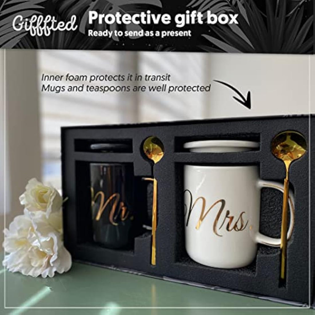 Triple Gifffted Mr and Mrs Ceramic Coffee Mug Set with Lids - 380ml