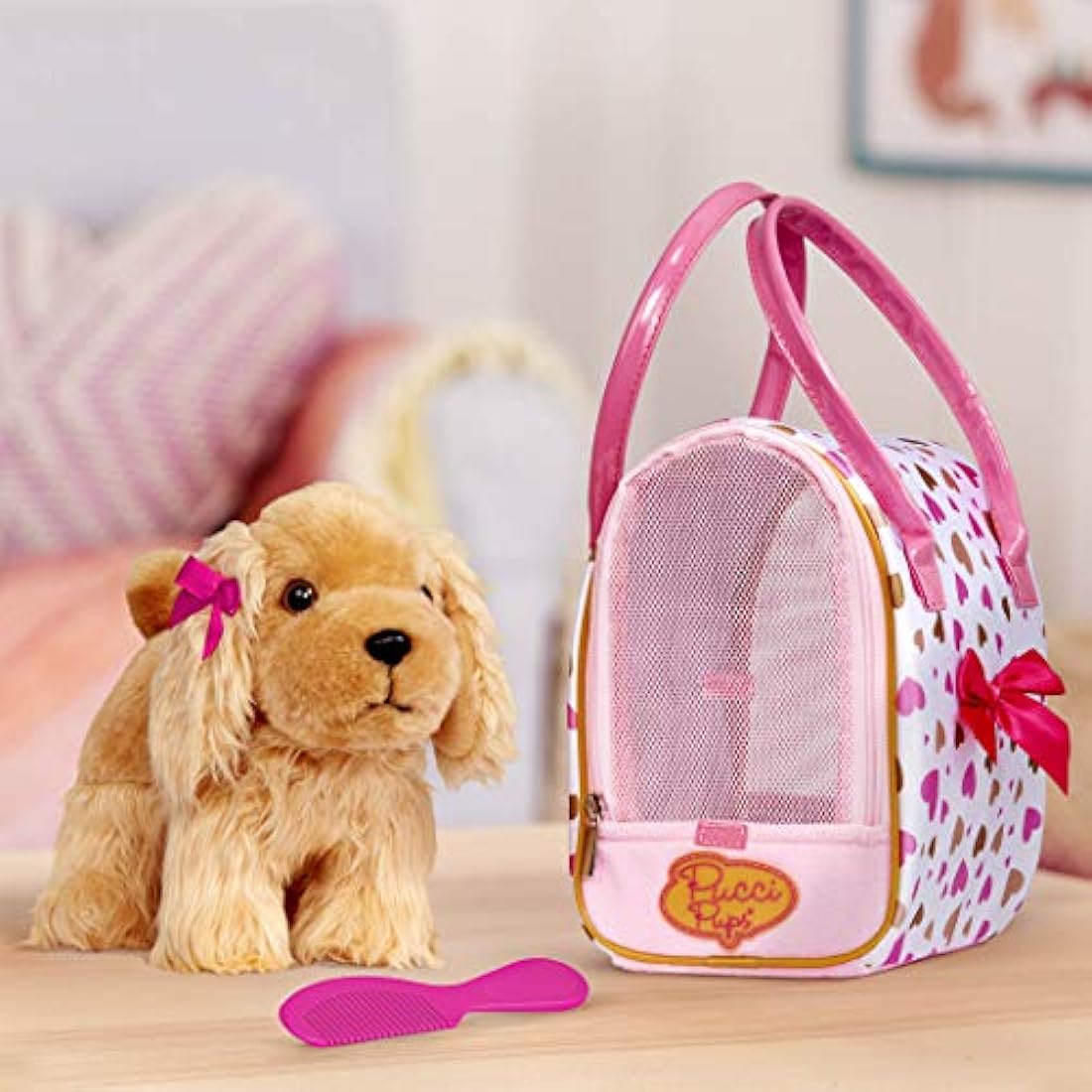 Pucci Pups Plush Cocker Spaniel Toy Dog with Pink Heart Carrier Bag