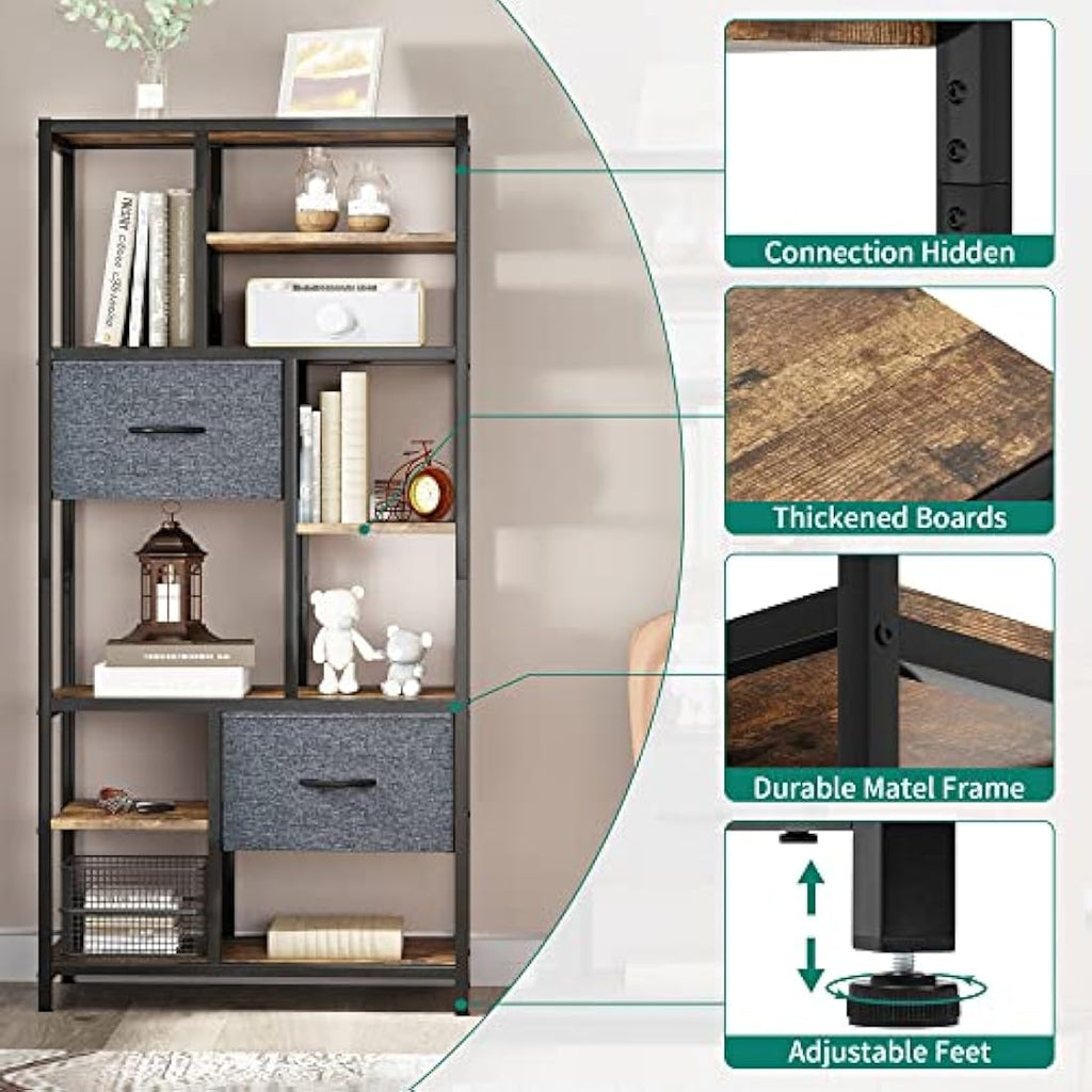 YITAHOME 7-Tier Industrial Bookshelf with Drawers | Rustic Brown