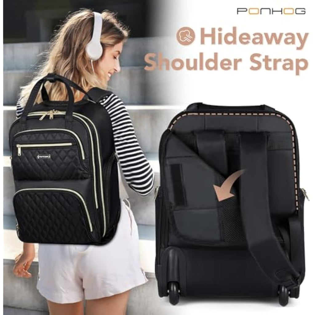 Ponhog Rolling Laptop Backpack | 15.6 Inch Wheeled Travel Bag - Black