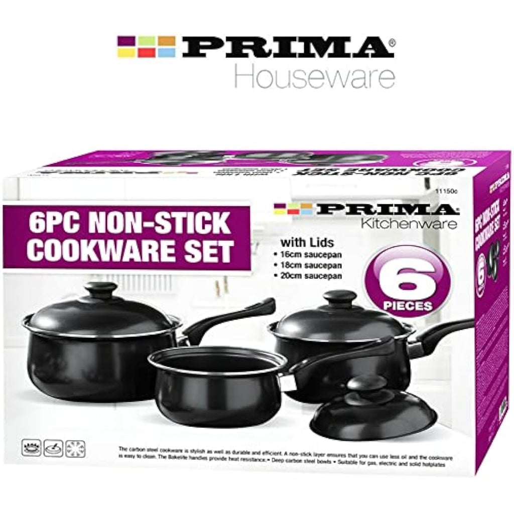 6 Pcs Black Carbon Steel Non-Stick Saucepan Set with Lids