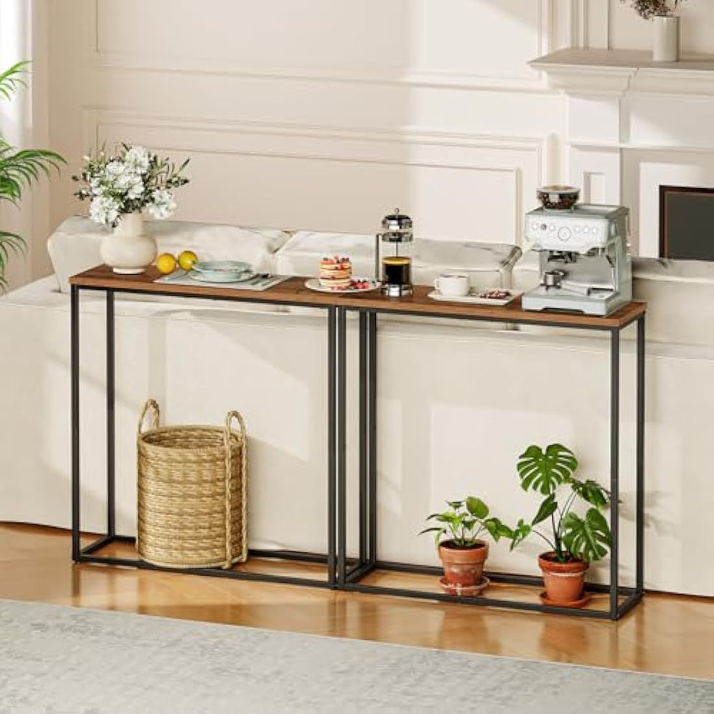 HOOBRO Narrow Console Table – Slim Industrial Hallway Table, Rustic Brown
