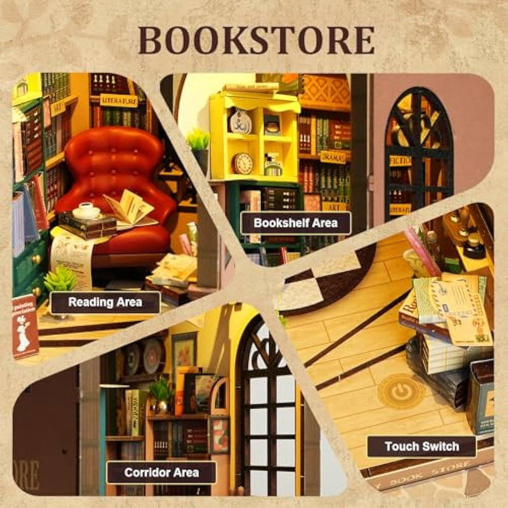 ROBOTIME Shakespeare Bookstore Book Nook Kit – 3D Wooden Puzzle with LED