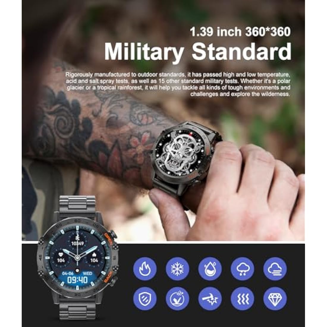 FEELNEVER Military Smart Watch for Men | Tactical Fitness Tracker - Black