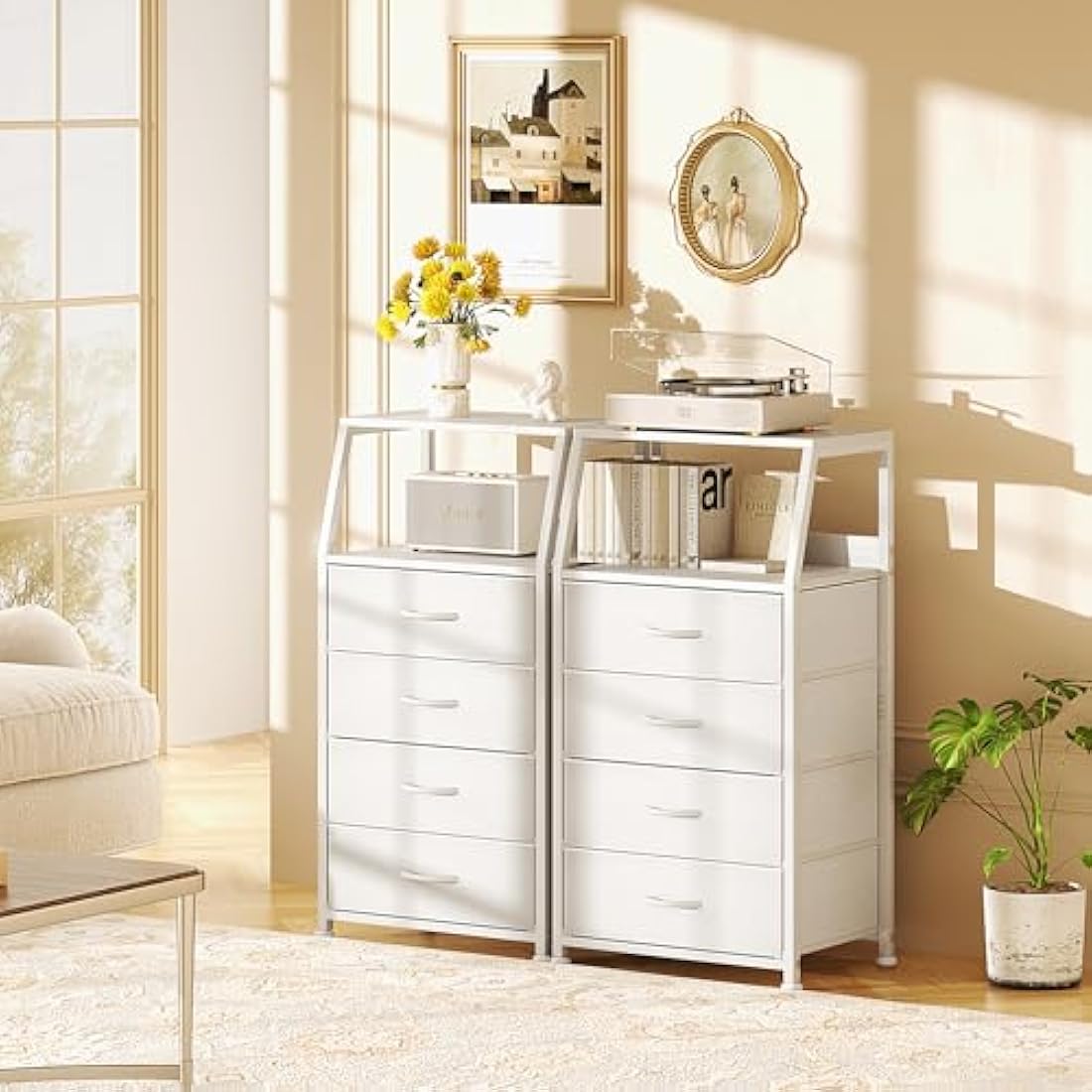 5-Drawer Fabric Dresser – Tall White Chest of Drawers